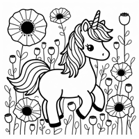 A Unicorn In A Field Of Poppy Flowers Coloring Page
