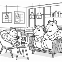Capybaras Sitting In A Cozy Coffee Shop Coloring Page
