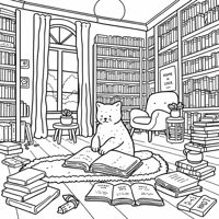A Cat In A Room Reading A Book Coloring Page