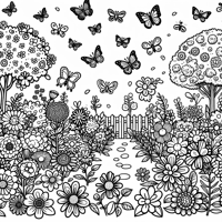 A Garden Full Of Colorful Flowers And Butterflies... Coloring Page
