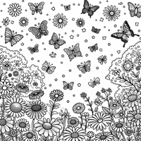 A Garden Full Of Colorful Flowers And Butterflies... Coloring Page