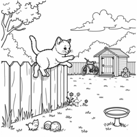 A Kitten Jumping Over A Fence In A Backyard Coloring Page