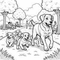 A Mumma Dog With Her 6 Puppies Chasing Her Around... Coloring Page