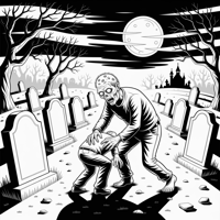 A Zombie In A Graveyard Eating A Person. Coloring Page