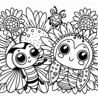Bumblebee And Ladybug Around Two Sunflowers Coloring Page