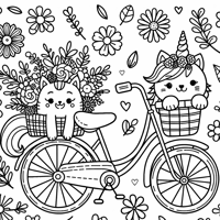 Unicorn Cat On Bicycle Basket Flowers Coloring Page