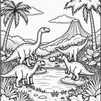 A Garden Scene With Dinosaurs Coloring Page