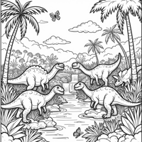 A Garden Scene With Dinosaurs Coloring Page