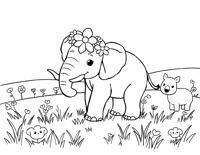 A Cartoonish Elephant Wearing A Crown Of Flowers... Coloring Page