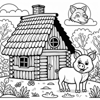 A Simple House Made Of Straw With The Pig Standing... Coloring Page