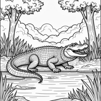 A Beautiful Alligator In The Forest Lake Coloring Page