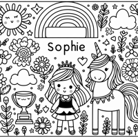 The Name Sophie With Unicorns Flowers And Trophies... Coloring Page