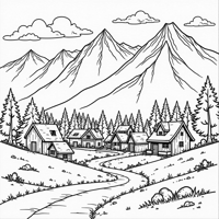 A Peaceful Mountain Village. Coloring Page