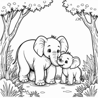 Happy Elephant In A Jungle With Her Kid Coloring Page