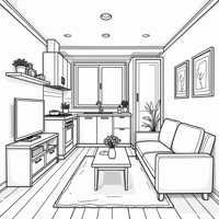 A Studio Apartment With A Kitchen And A Living... Coloring Page
