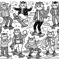 A Gang Of Badass Cats Skateboarding In A Skate... Coloring Page