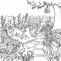 An Orange Tabby Cat Chasing A Pigeon In The Garden Coloring Page