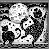 Draw A Vintage Whimsical Black Cat Dancing Under... Coloring Page