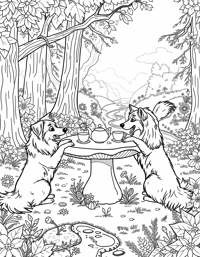 Three Shelties Having A Tea Party On A Toadstool... Coloring Page