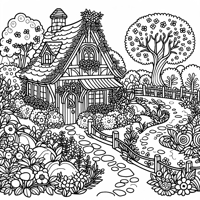 A Charming Garden Surrounds The Cottage Filled... Coloring Page