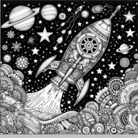 Steampunk Rocket Blasting Into Space Coloring Page