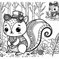 A Simple Thin Line Steampunk Squirrel Playing In... Coloring Page
