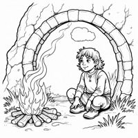 A Hobbit Sitting In Front Of A Cave Coloring Page