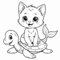 Cute Kitten Mermaid Kitten Sitting On Turtle With... Coloring Page