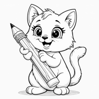 A Cat Holding A Giant Pencil, Ready To Write. Coloring Page