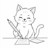 A Cat Holding A Giant Pencil, Ready To Write. Coloring Page