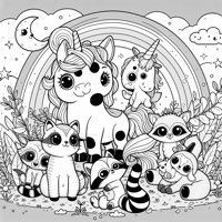 Kawaii Kitten Unicorn Raccoon Goat Cow Bird... Coloring Page