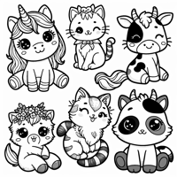 Kawaii Unicorn Cow Kitten Goat And Raccoon All... Coloring Page