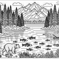 Lake View With Many Pine Trees Mountain In The... Coloring Page