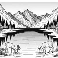 Lake View Mountain In The Back Pine Trees And Two... Coloring Page