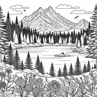Lake View With Many Pine Trees Mountain In The... Coloring Page