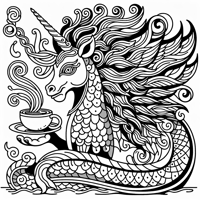 Magical Dragon Unicorn Drinking Coffee Coloring Page