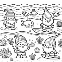 Fat Gnomes At The Beach Swimming And Surfing Coloring Page