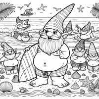 Fat Gnomes At The Beach Swimming And Surfing Coloring Page