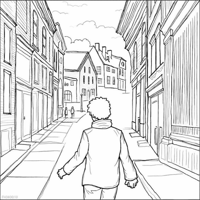 A Person Is Walking Down A Street. Coloring Page