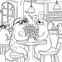 A Boy Sea Otter With Glasses Giving A Girl Sea... Coloring Page