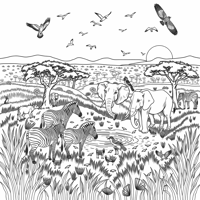 An Elaborate Scene Featuring Various Animals Of... Coloring Page