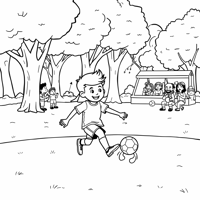 Budi Playing Soccer With Friends Under A Rainbow Coloring Page