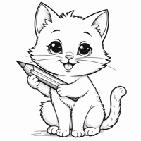 A Cat Is Holding A Pencil. Coloring Page