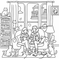 A Girl With Her Cats Coloring Page