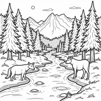 Create A Forest Picture With Sun Trees Water And... Coloring Page