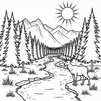 Create A Forest Picture With Sun Trees Water And... Coloring Page