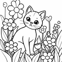 Cat In The Flower Garden Coloring Page