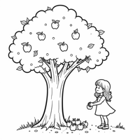 An Apple Tree And A Girl Picking Apples. Coloring Page