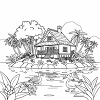A House With Many Trees And A Lake Beside It With... Coloring Page