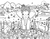 A Cartoonish Elephant Wearing A Crown Of Flowers... Coloring Page